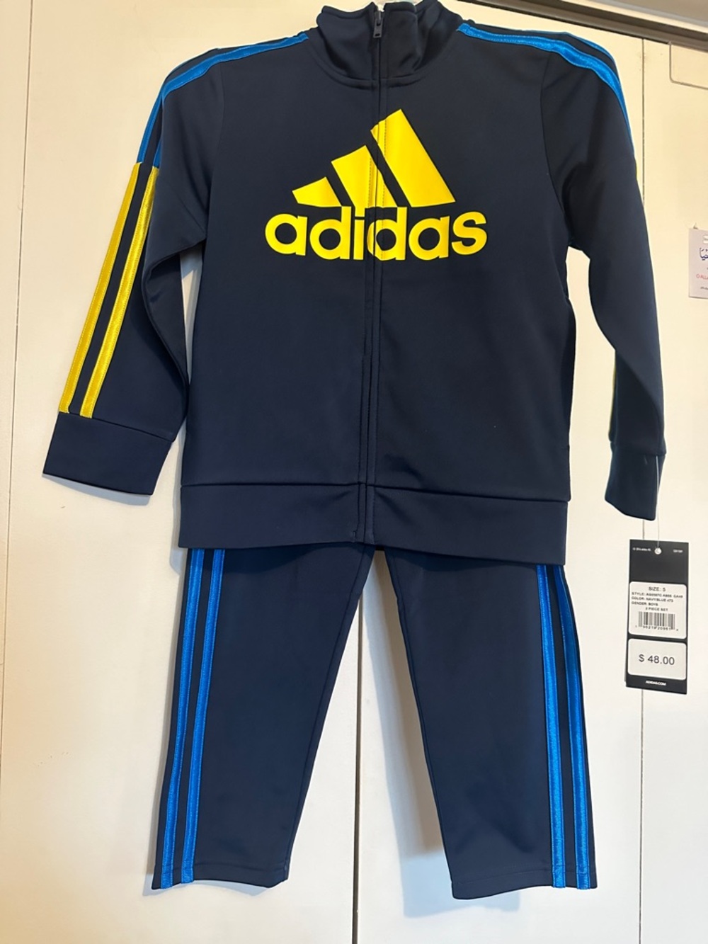adidas Navy Jacket & Joggers Set with Yellow Logo and Blue Stripes